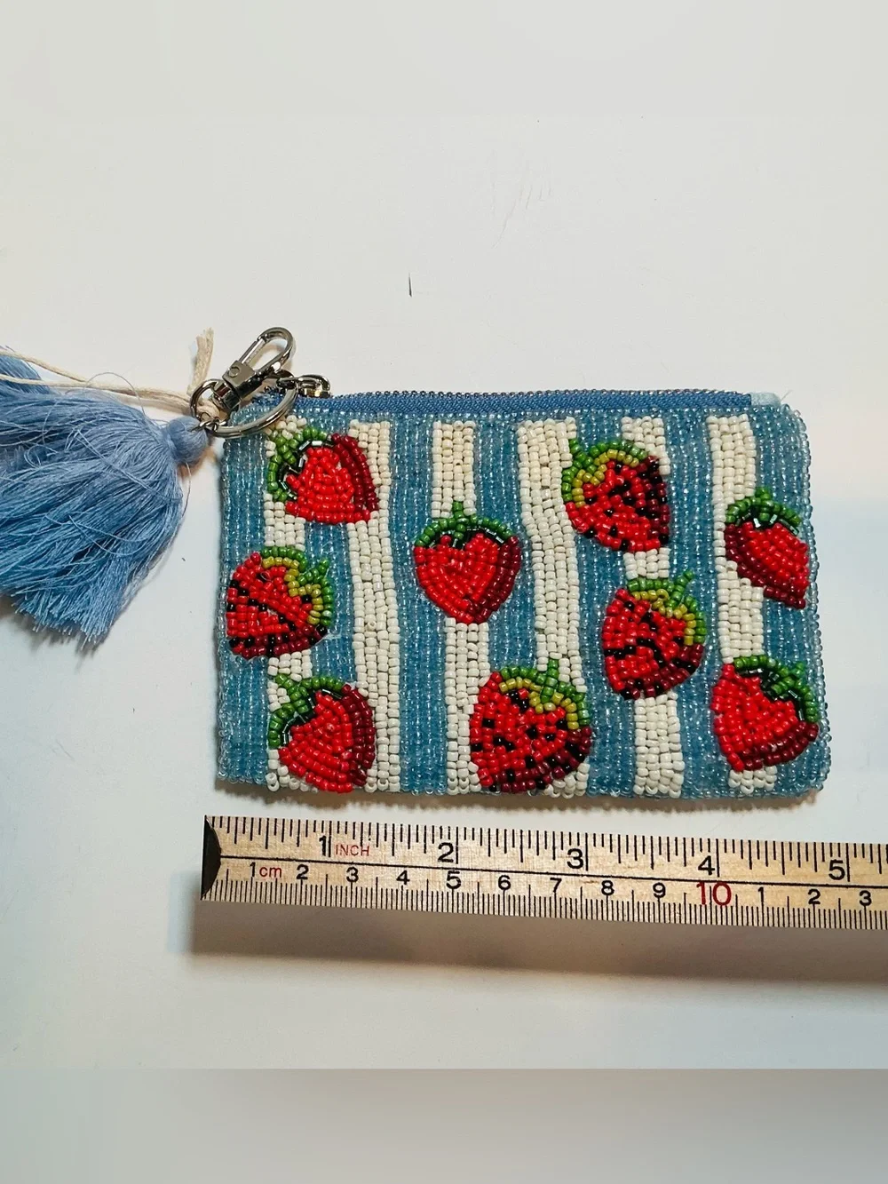 * NWOT Beaded Strawberry Stripe Zippered Pouch - Blue & Red